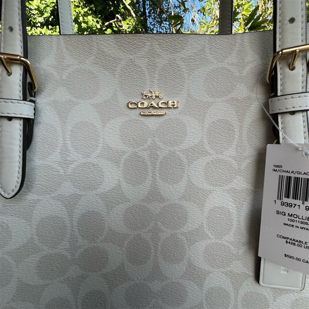 COACH Mollie Tote Bag Womens Large White Signature Logo Handbag w Gold Hardware - Picture 10 of 13